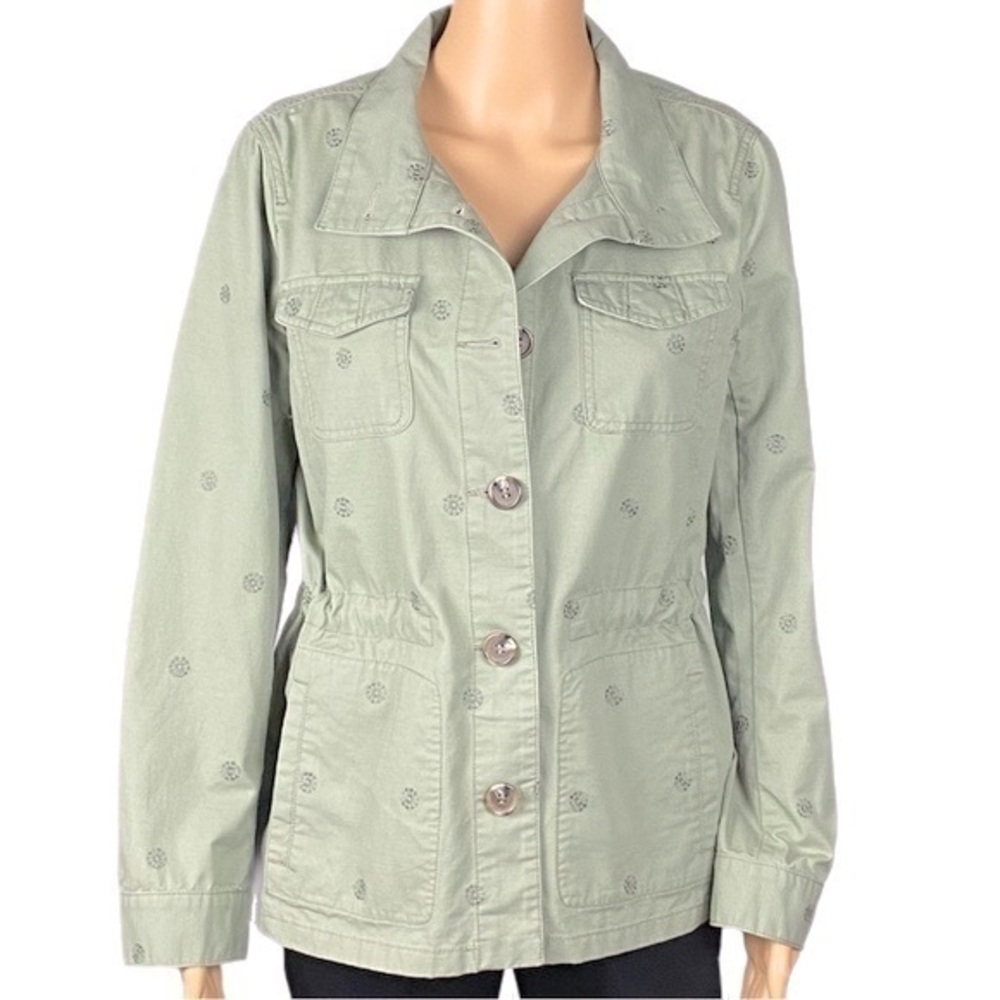 TALBOTS sage green 100% Cotton jacket with tie waist & POCKETS. SMALL. EUC